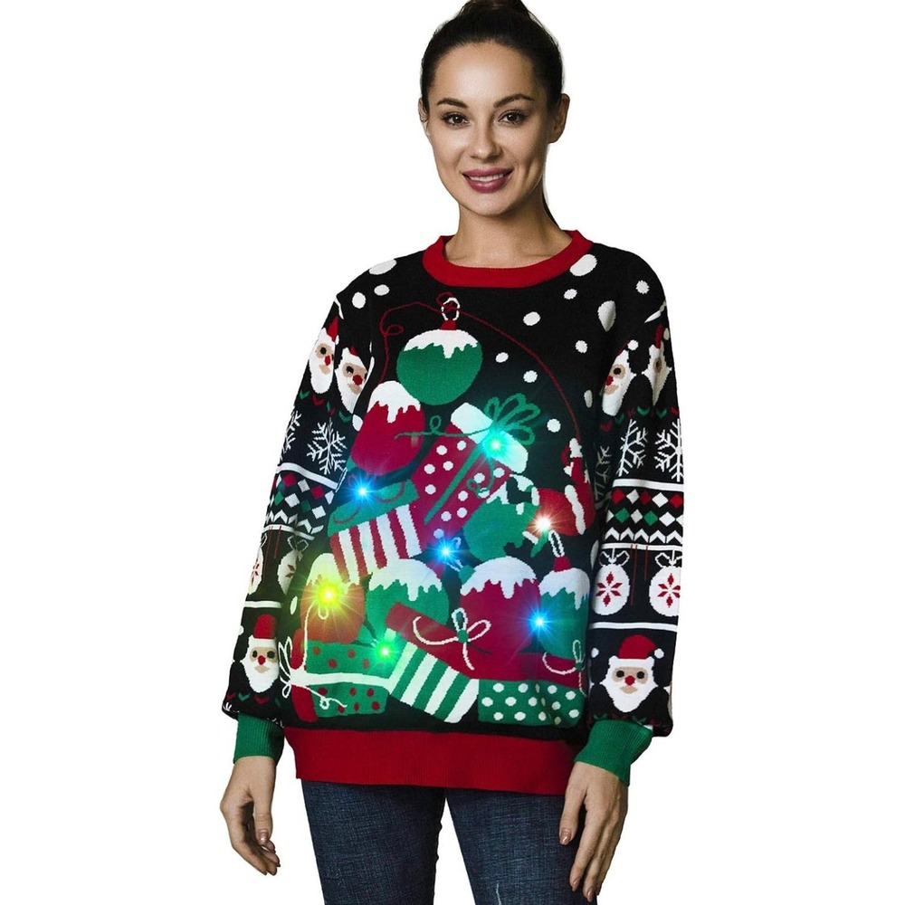Off The Rack Womens LED Light Up Christmas Ornament Ugly Festive Sweater Small
